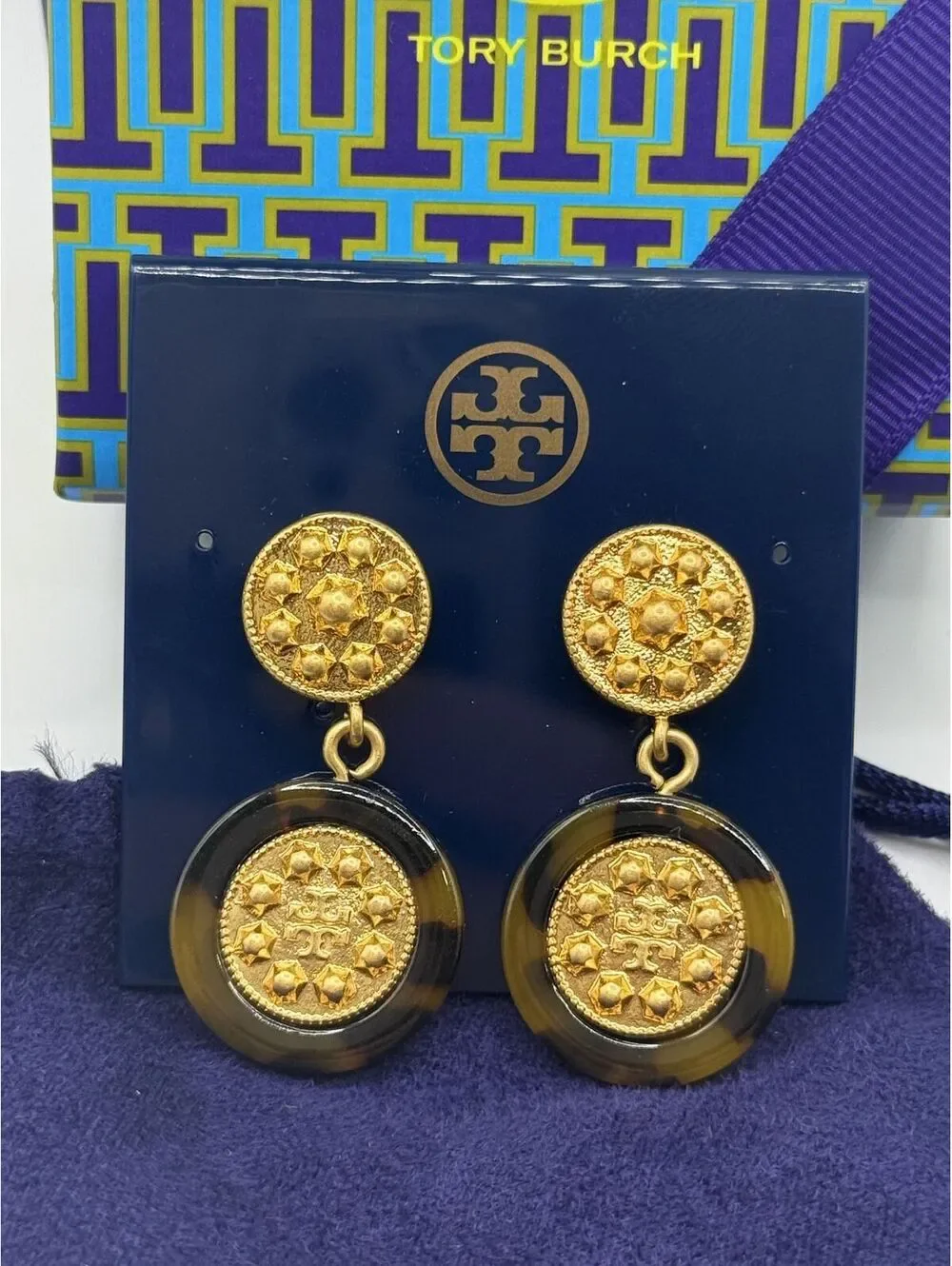 Tory Burch Shiloh Logo Drop Earrings Gold and Tortoise